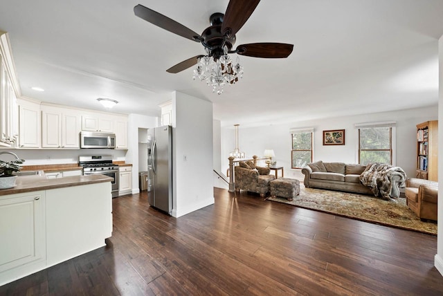 483 W S St Unit A, Lake Geneva, WI 53147 - kitchen with appliances with stainless steel finishes, open floor plan, white cabinets, a ceiling fan, and dark wood finished floors