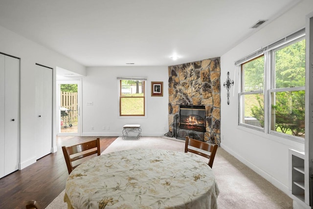 483 W S St Unit A, Lake Geneva, WI 53147 - bedroom featuring multiple windows, a stone fireplace, baseboards, and wood finished floors