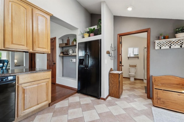273 5th St, Fond Du Lac, WI 54935 - kitchen featuring black appliances, light brown cabinets, baseboards, vaulted ceiling, and open shelves