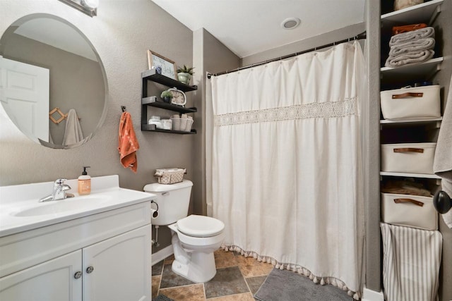273 5th St, Fond Du Lac, WI 54935 - full bathroom featuring vanity, toilet, stone finish floors, and a shower with shower curtain