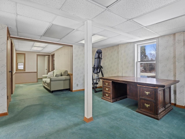 1530 Utah St, Watertown, WI 53094 - basement with carpet, a drop ceiling, wallpapered walls, a desk, and baseboards
