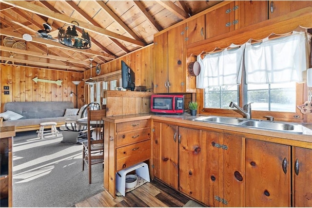 1949 E Little Blake Lake Ln, Luck, WI 54853 - kitchen with wood ceiling, a sink, light wood-style floors, brown cabinetry, and wood walls