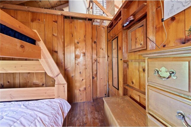 1949 E Little Blake Lake Ln, Luck, WI 54853 - bedroom with wooden walls, hardwood / wood-style floors, and lofted ceiling