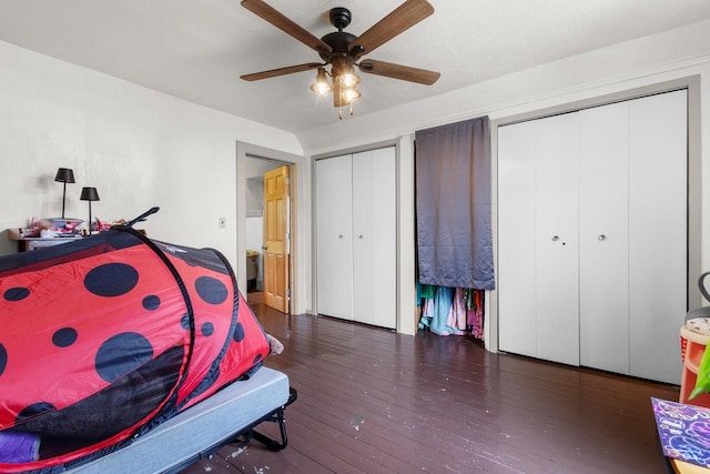 254 Mill St, Algoma, WI 54201 - bedroom with wood-type flooring, two closets, and ceiling fan