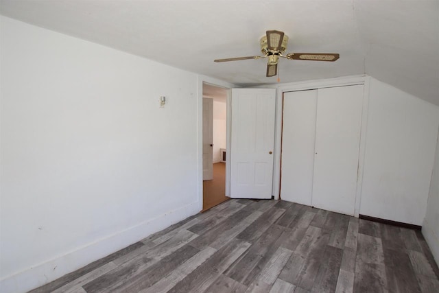 W1796 Puddlefort St, Mount Calvary, WI 53057 - unfurnished bedroom with wood finished floors, a closet, and ceiling fan