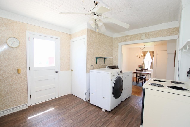 W1796 Puddlefort St, Mount Calvary, WI 53057 - washroom featuring wallpapered walls, dark wood-style flooring, a chandelier, ornamental molding, and a ceiling fan