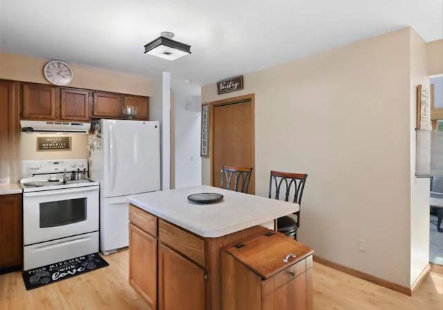 400 Old Indian Trl, Deforest, WI 53532 - kitchen with white appliances, under cabinet range hood, light wood-type flooring, light countertops, and a center island
