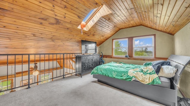 N2289 US Highway 45, Campbellsport, WI 53010 - bedroom with vaulted ceiling, carpet, a skylight, wooden ceiling, and wooden walls
