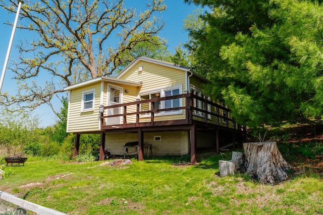 W6641 N Lakeshore Dr, Elkhorn, WI 53121 - back of house with a wooden deck, a yard, and a fire pit
