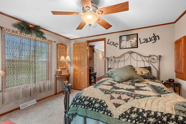 N5101 Lueck Ln, Princeton, WI 54968 - bedroom with light colored carpet, a ceiling fan, crown molding, and baseboards
