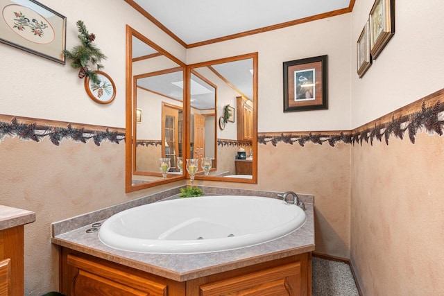 N5101 Lueck Ln, Princeton, WI 54968 - bathroom with a jetted tub, ornamental molding, and vanity