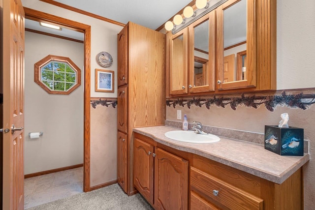 N5101 Lueck Ln, Princeton, WI 54968 - bathroom with vanity, crown molding, and baseboards
