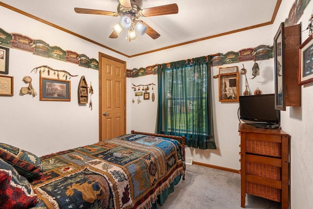 N5101 Lueck Ln, Princeton, WI 54968 - carpeted bedroom featuring ceiling fan, ornamental molding, and baseboards