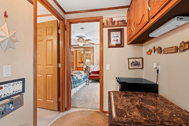 N5101 Lueck Ln, Princeton, WI 54968 - hallway featuring light colored carpet and crown molding