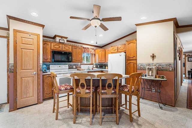 N5101 Lueck Ln, Princeton, WI 54968 - kitchen featuring white appliances, ornamental molding, a ceiling fan, lofted ceiling, and decorative backsplash