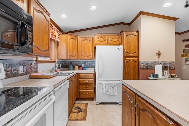 N5101 Lueck Ln, Princeton, WI 54968 - kitchen with white appliances, crown molding, vaulted ceiling, a sink, and backsplash