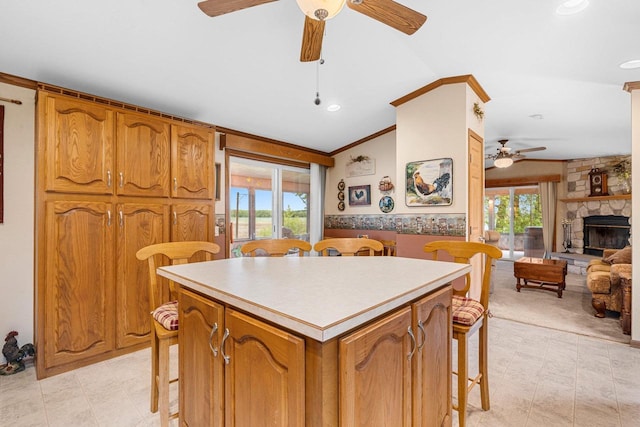 N5101 Lueck Ln, Princeton, WI 54968 - kitchen featuring ceiling fan, a kitchen bar, plenty of natural light, ornamental molding, and recessed lighting