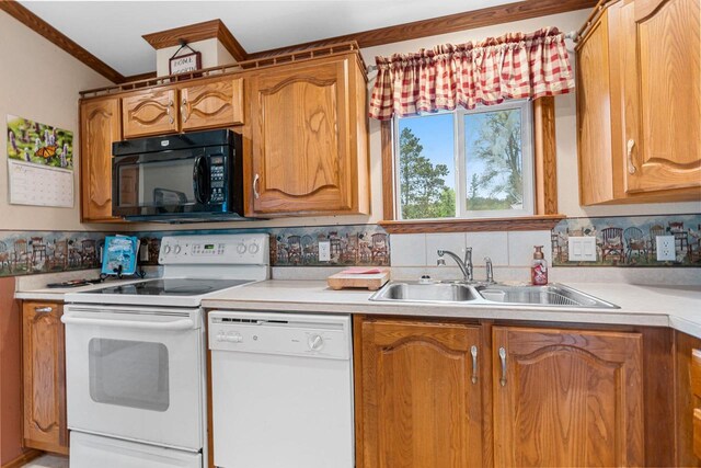 N5101 Lueck Ln, Princeton, WI 54968 - kitchen with white appliances, a sink, light countertops, backsplash, and ornamental molding
