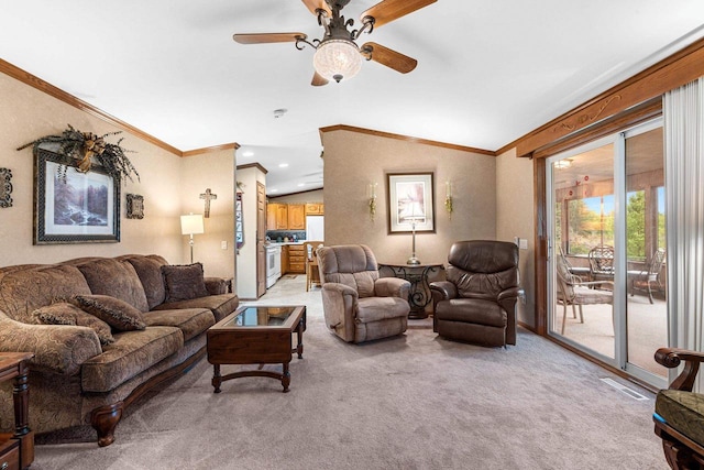 N5101 Lueck Ln, Princeton, WI 54968 - living room with light colored carpet, ceiling fan, ornamental molding, vaulted ceiling, and recessed lighting