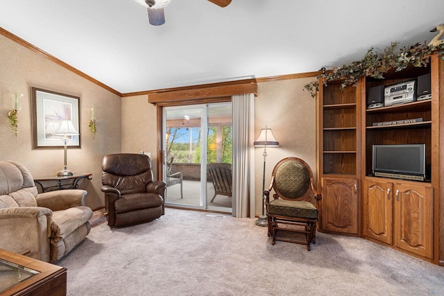 N5101 Lueck Ln, Princeton, WI 54968 - living room with light carpet, ceiling fan, ornamental molding, and vaulted ceiling