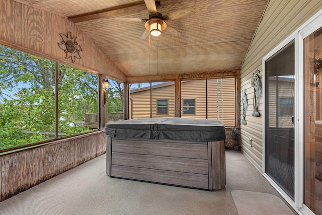 N5101 Lueck Ln, Princeton, WI 54968 - sunroom featuring a jacuzzi, vaulted ceiling, and a ceiling fan