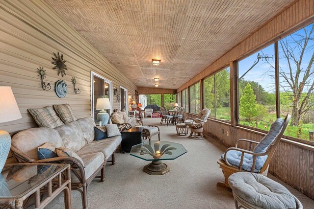 N5101 Lueck Ln, Princeton, WI 54968 - sunroom / solarium with wood walls, carpet flooring, outdoor lounge area, and wood ceiling