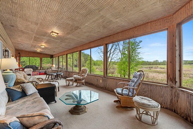 N5101 Lueck Ln, Princeton, WI 54968 - sunroom with wooden walls, carpet floors, lofted ceiling, and outdoor lounge area