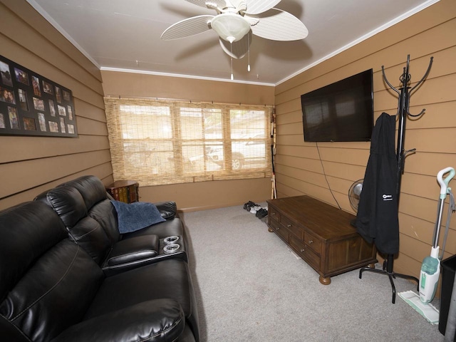2019 N Mcdonald St, Appleton, WI 54911 - living room featuring carpet, ornamental molding, wood walls, and ceiling fan