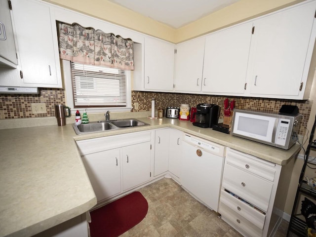 2019 N Mcdonald St, Appleton, WI 54911 - kitchen featuring white appliances, a sink, light countertops, backsplash, and white cabinetry