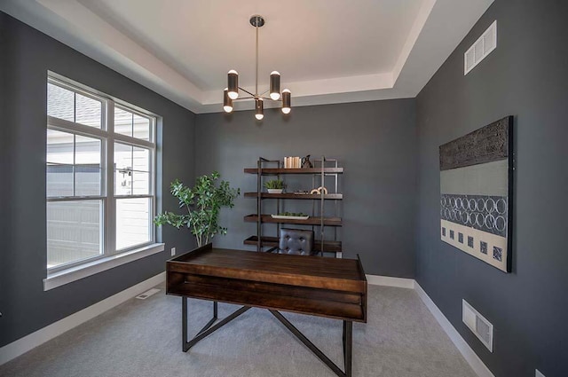 W214N6684 Fairview Dr, Menomonee Falls, WI 53051 - carpeted office featuring a raised ceiling, a chandelier, plenty of natural light, and baseboards