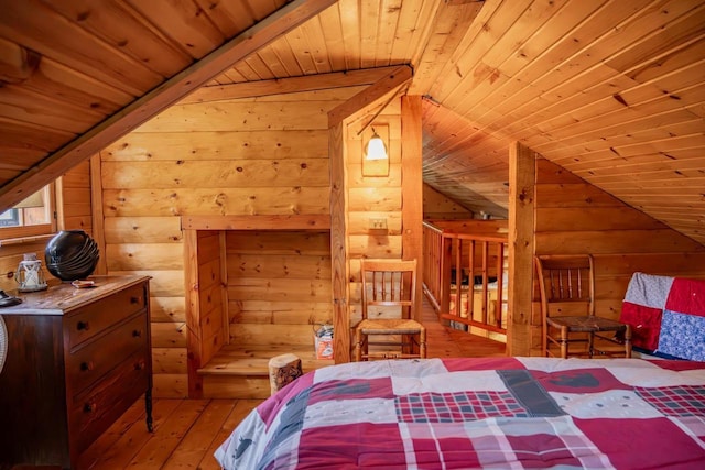 N8378 Timber Trl, New Lisbon, WI 53950 - bedroom with wooden ceiling, vaulted ceiling, hardwood / wood-style floors, and wooden walls