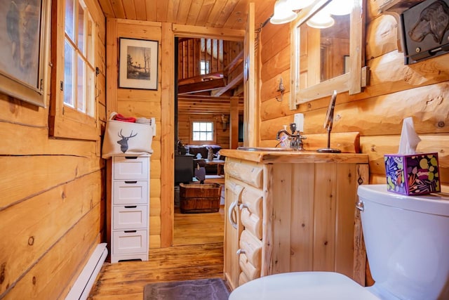 N8378 Timber Trl, New Lisbon, WI 53950 - half bathroom with wooden ceiling, wood finished floors, toilet, wooden walls, and a sink