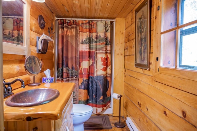 N8378 Timber Trl, New Lisbon, WI 53950 - full bath with wood ceiling, wooden walls, toilet, vanity, and a shower with shower curtain