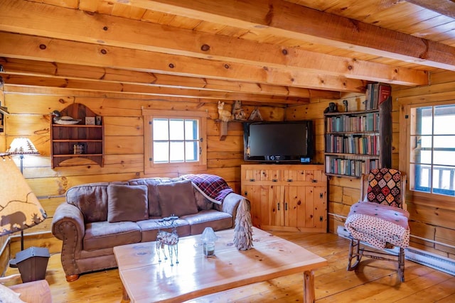 N8378 Timber Trl, New Lisbon, WI 53950 - living area featuring light wood-style floors, plenty of natural light, wood walls, and wood ceiling with exposed beams