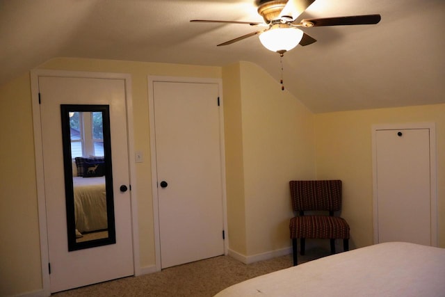 811 Spruce Dr, La Crescent, MN 55947 - bedroom featuring vaulted ceiling, carpet floors, baseboards, and ceiling fan