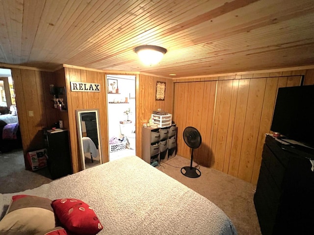 6898 Barbara Dr, Lake Tomahawk, WI 54539 - bedroom with carpet, wood ceiling, and wooden walls