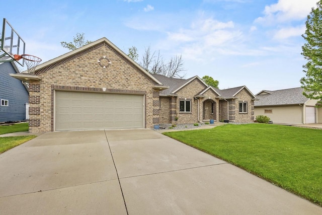 216 Deforest Dr, Kaukauna, WI 54130 - view of front of house featuring brick siding, driveway, a front yard, and an attached garage