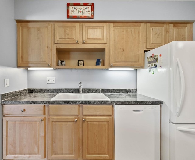 348 County Road B 8, Fontana, WI 53125 - kitchen with white appliances, a sink, dark countertops, and light brown cabinetry