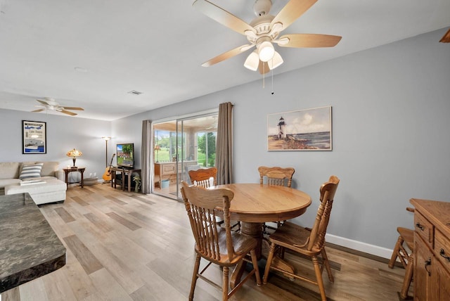 348 County Road B 8, Fontana, WI 53125 - dining space featuring ceiling fan, baseboards, and light wood-style flooring