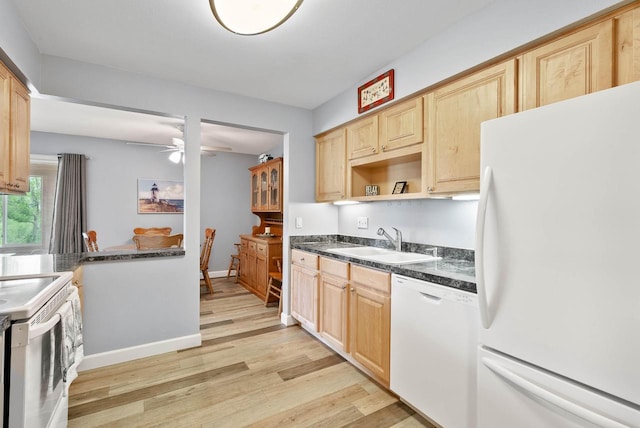 348 County Road B 8, Fontana, WI 53125 - kitchen featuring white appliances, a sink, light wood finished floors, and light brown cabinets