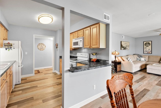 348 County Road B 8, Fontana, WI 53125 - kitchen featuring white appliances, light wood-style flooring, open floor plan, dark countertops, and baseboards