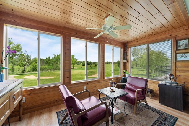 348 County Road B 8, Fontana, WI 53125 - sunroom with plenty of natural light, wood ceiling, wooden walls, ceiling fan, and wood finished floors