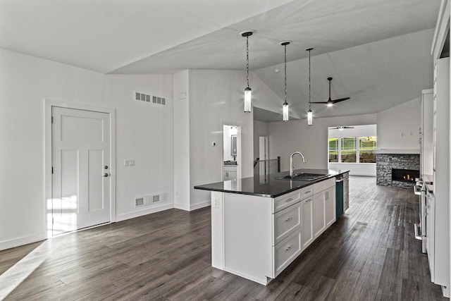 28 Sienna Hills Cir, Mount Horeb, WI 53572 - kitchen with a sink, open floor plan, a stone fireplace, dark wood-style floors, and lofted ceiling