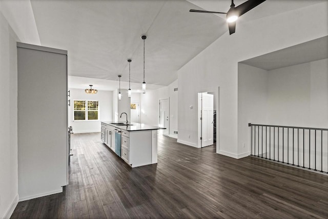 28 Sienna Hills Cir, Mount Horeb, WI 53572 - kitchen featuring stainless steel dishwasher, ceiling fan, dark wood finished floors, a sink, and lofted ceiling