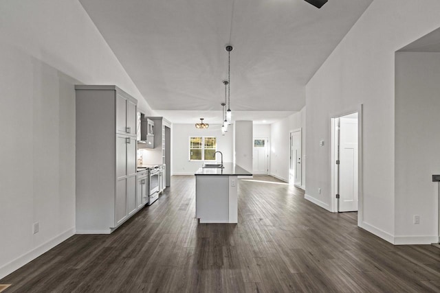 28 Sienna Hills Cir, Mount Horeb, WI 53572 - kitchen featuring a sink, stainless steel range oven, dark wood-style flooring, and an island with sink