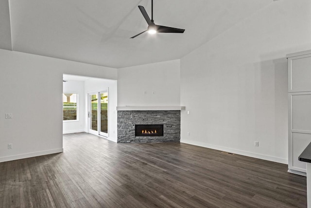 28 Sienna Hills Cir, Mount Horeb, WI 53572 - unfurnished living room featuring a ceiling fan, dark wood finished floors, baseboards, and a fireplace