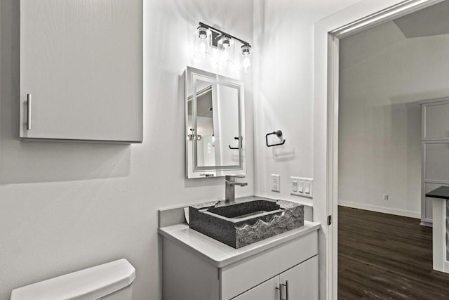 28 Sienna Hills Cir, Mount Horeb, WI 53572 - half bathroom featuring toilet, vanity, wood finished floors, and baseboards