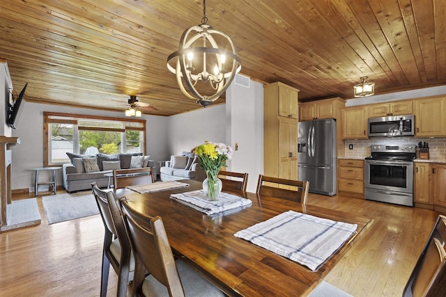2104 Hazel St, Oshkosh, WI 54901 - dining area with a chandelier, wood ceiling, light wood-style floors, crown molding, and a ceiling fan