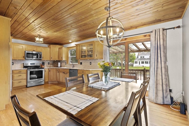 2104 Hazel St, Oshkosh, WI 54901 - dining space with a chandelier, wooden ceiling, and light wood-style floors
