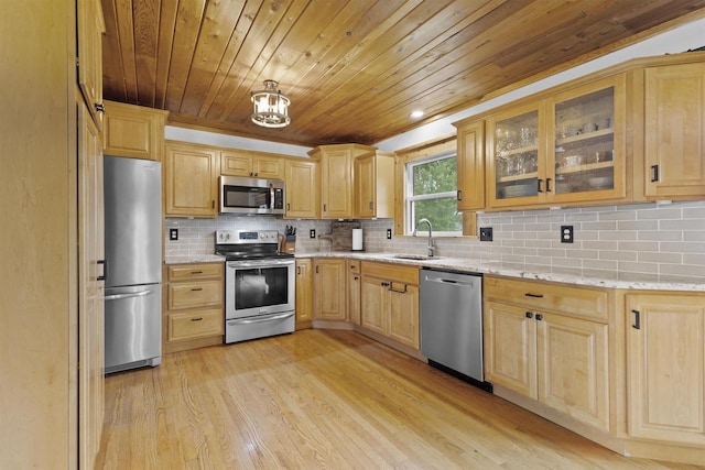 2104 Hazel St, Oshkosh, WI 54901 - kitchen featuring appliances with stainless steel finishes, a sink, light brown cabinetry, wooden ceiling, and light wood-type flooring